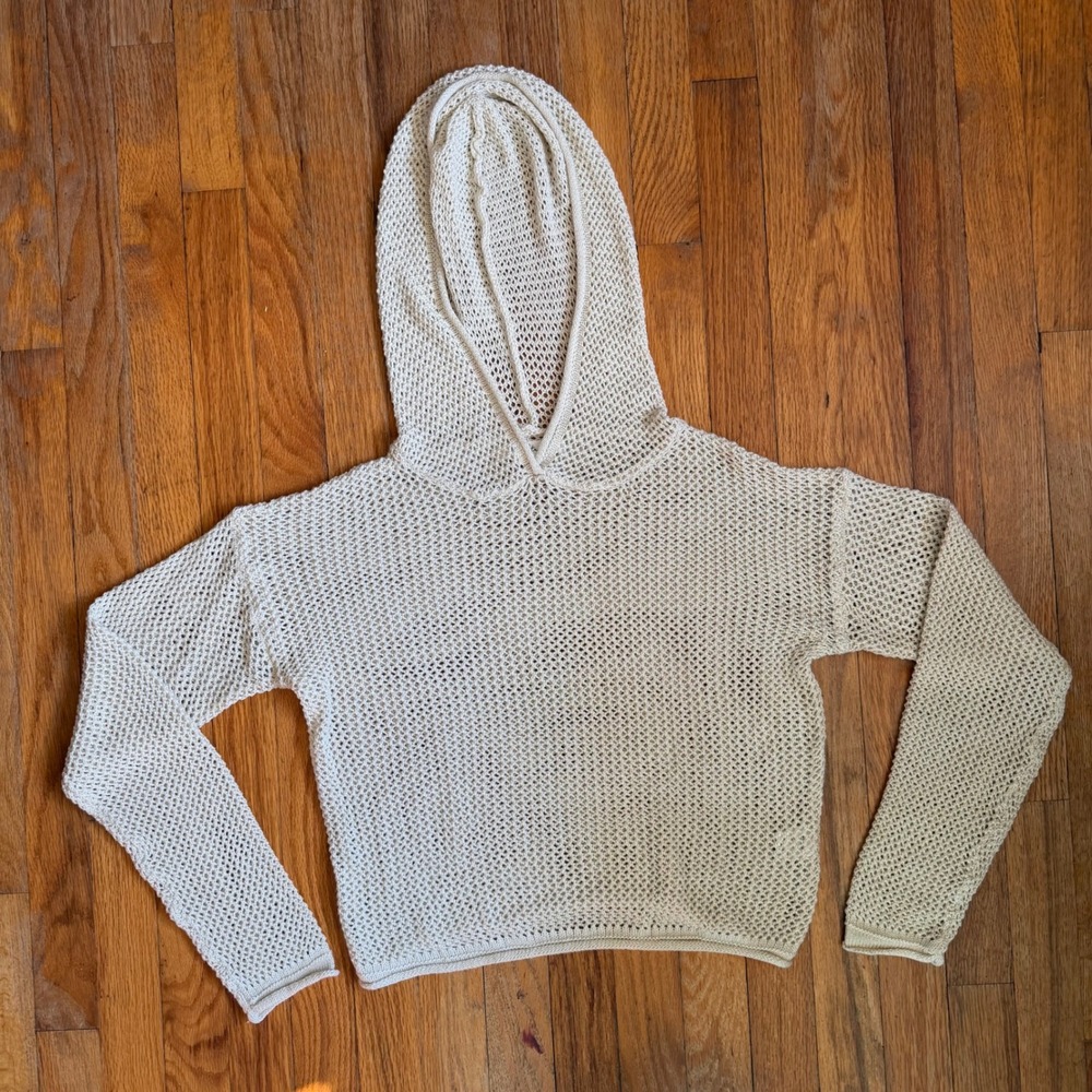 Love Tree Cream Open Knit Mesh Crochet Hoodie Sweater Womens‎ Medium Boho Beach